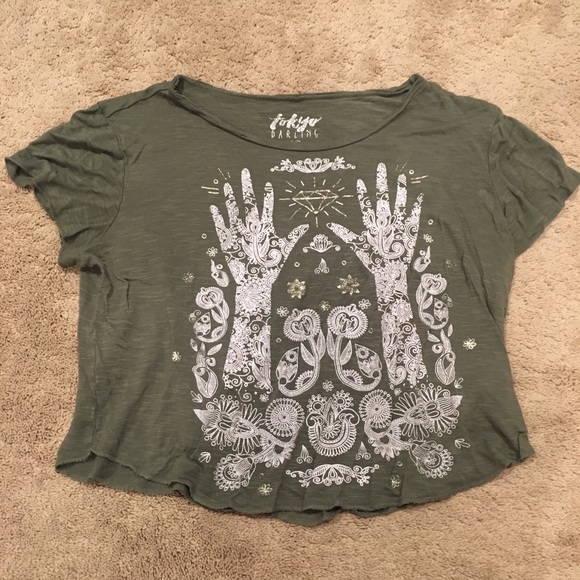 Tokyo Darling Olive Green Printed Crop Top - Picture 1 of 2
